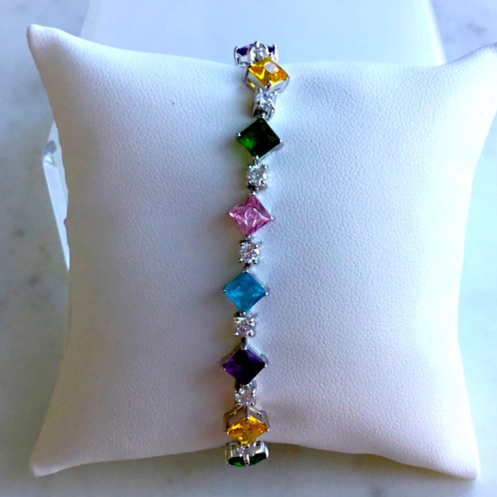 Sterling 8” Multi Color Cz Tennis Bracelet - Picture 1 of 11